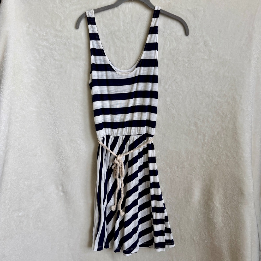 LOFT Navy White Striped Tank Dress Rope Tassel Tie Waist Size S Rayon Blend